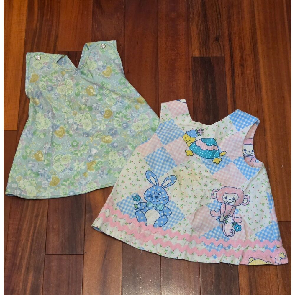 Vintage 70s 80s Infant Handmade Pinafore Dress Lot(2) Rabbit Patchwork